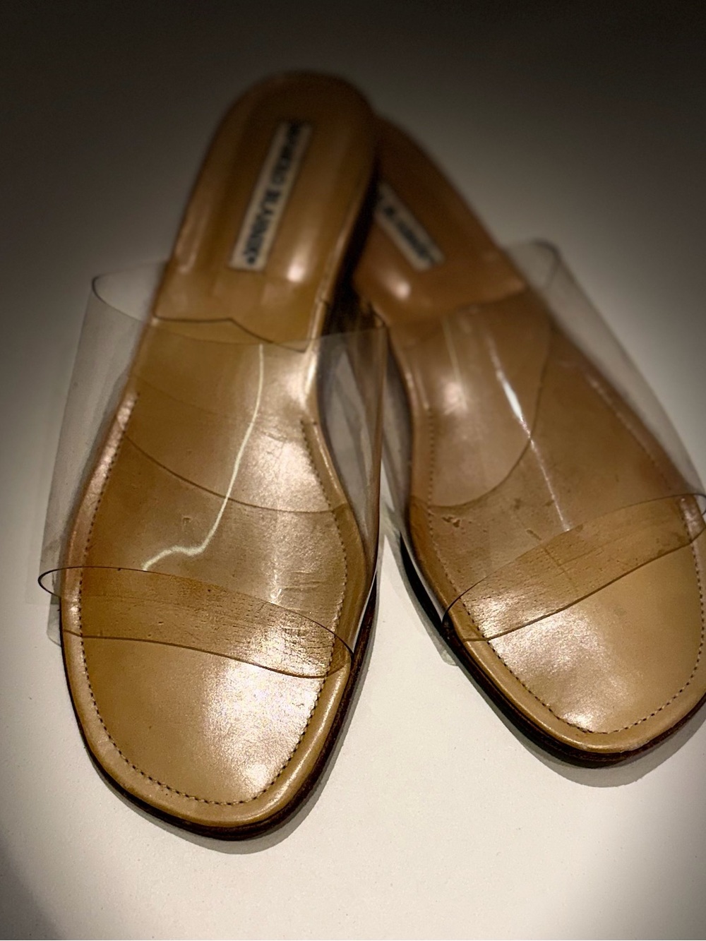 Manolo Blahnik Tan Leather Slides with Clear PVC Strap - Picture 4 of 9
